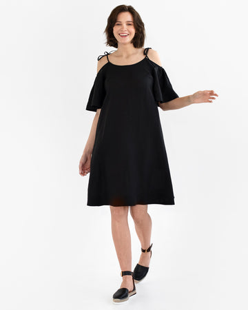 Midi cold shoulder linen dress THASSOS in Black - MagicLinen