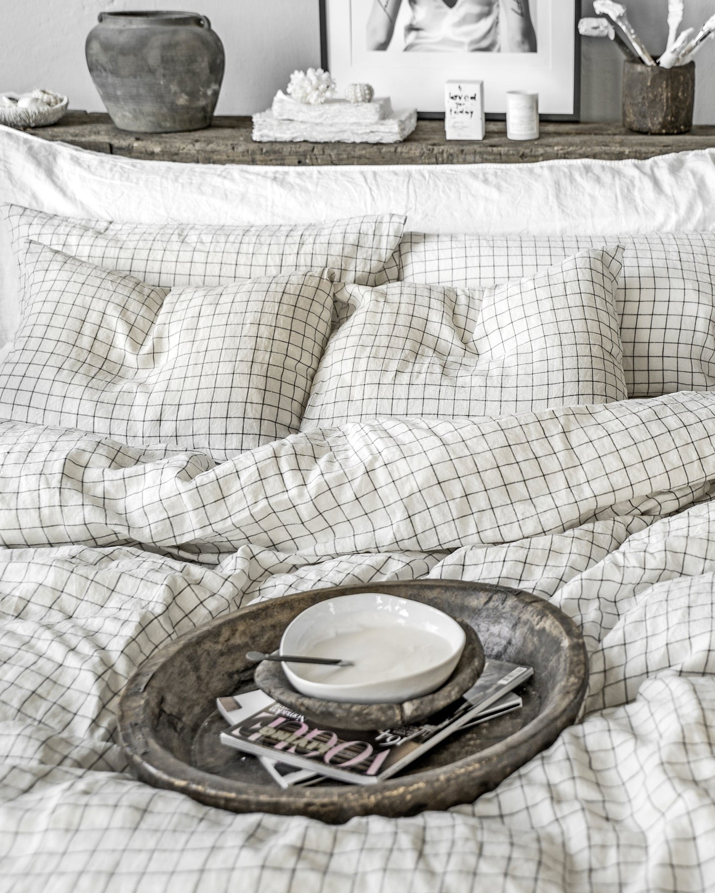 Charcoal grid linen sheet set (4 pcs) - MagicLinen