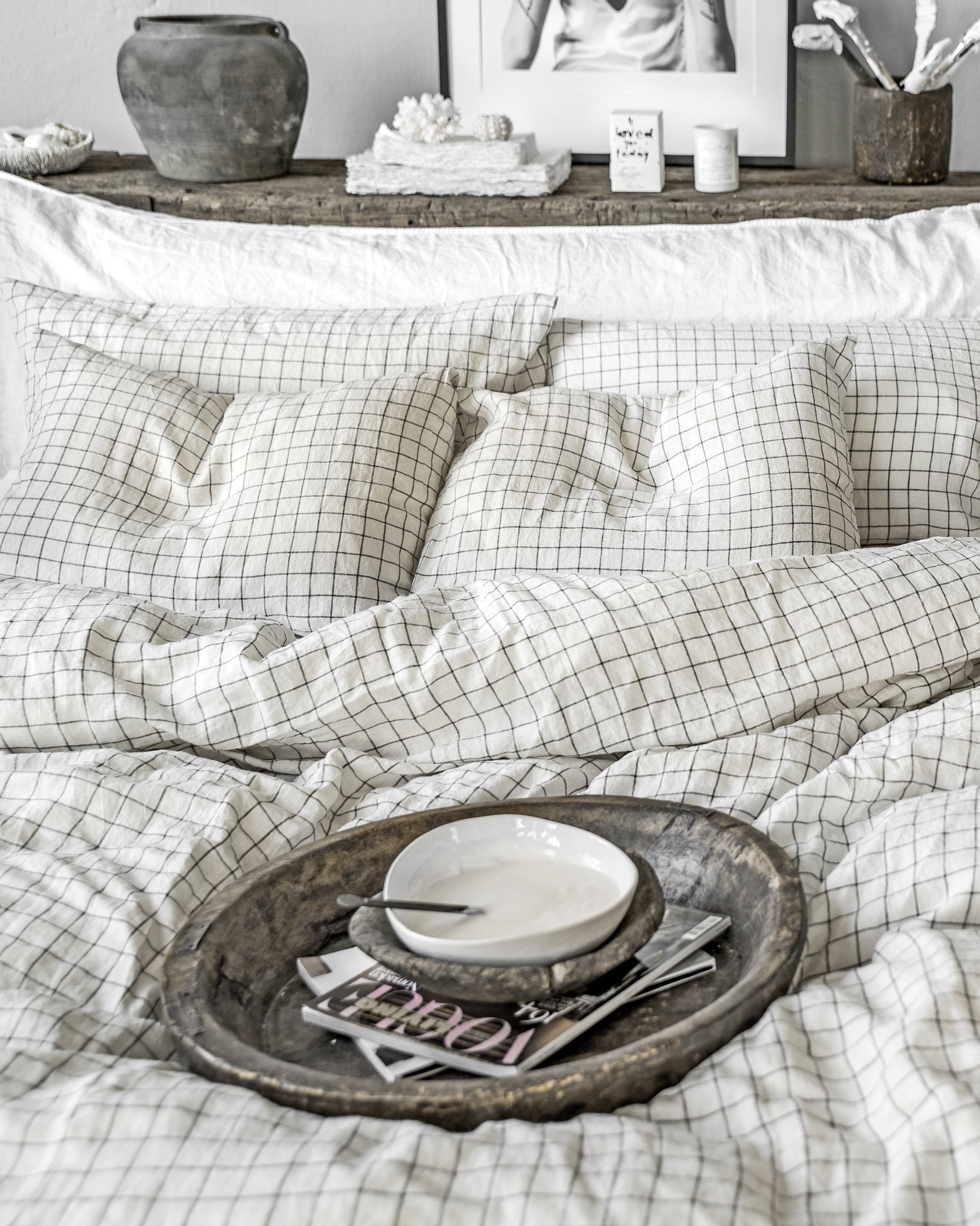 Charcoal grid linen sheet set (4 pcs) - MagicLinen