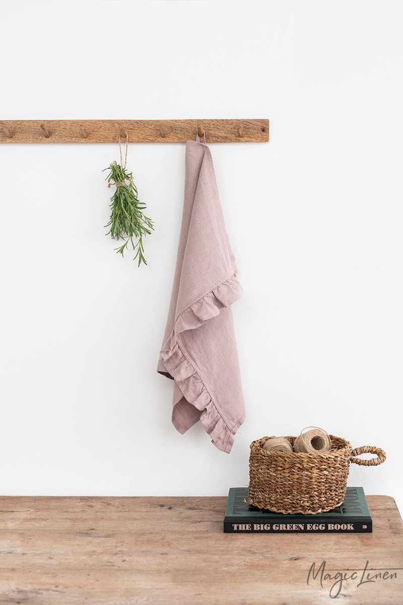 Ruffle trim linen tea towel