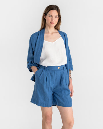 Pleated linen shorts BAGAN in Cobalt blue - MagicLinen