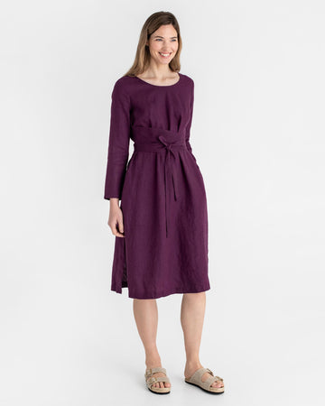 Long sleeve linen wrap dress BIEI in Royal purple - MagicLinen