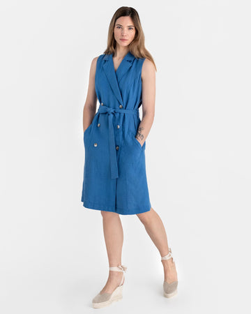 Trench linen dress LISBON in Cobalt blue - MagicLinen