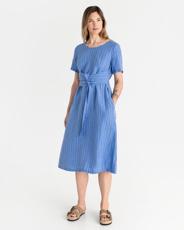 Midi wrap linen dress MANILA in Blue stripes - MagicLinen