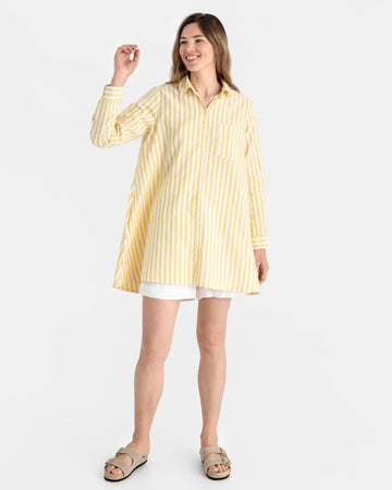 Long linen shirt WANAKA in Yellow stripes - MagicLinen