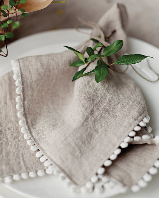 Pom pom trim linen napkin set of 2 - MagicLinen