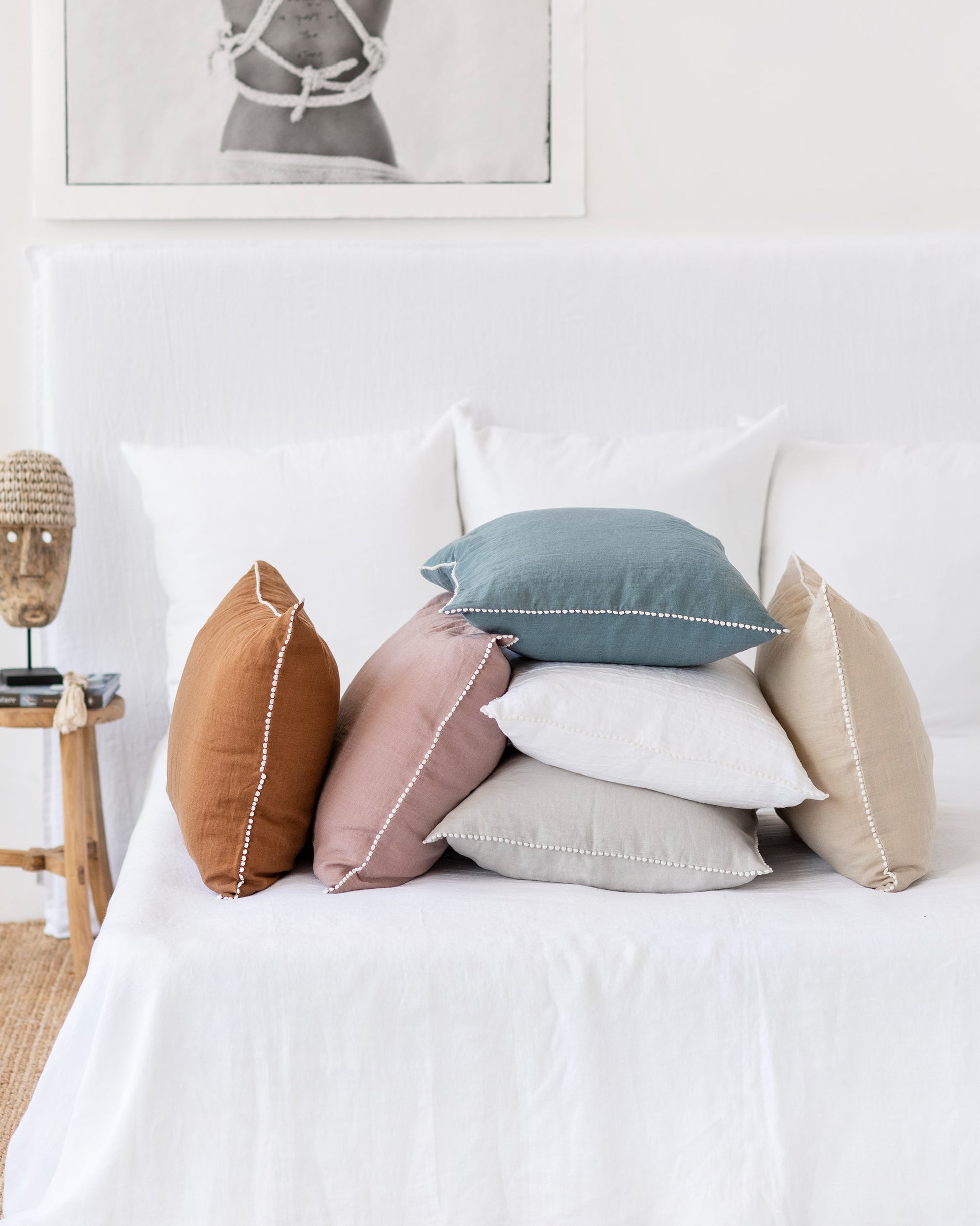 Pom pom trim linen pillowcase in Natural linen - MagicLinen