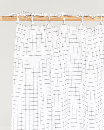 Tie top linen curtain panel (1 pcs) in Charcoal grid - MagicLinen