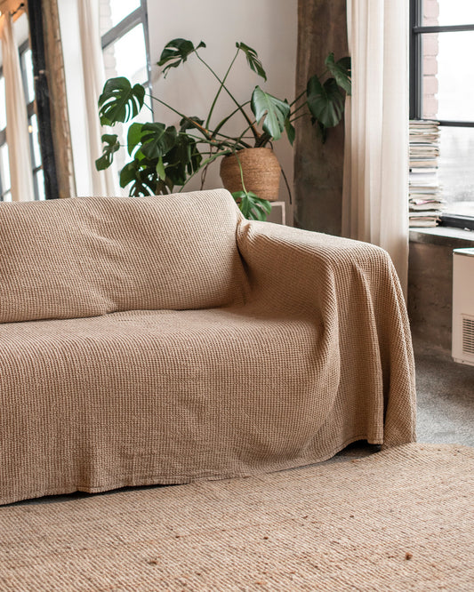 Waffle linen couch cover in Beige - MagicLinen