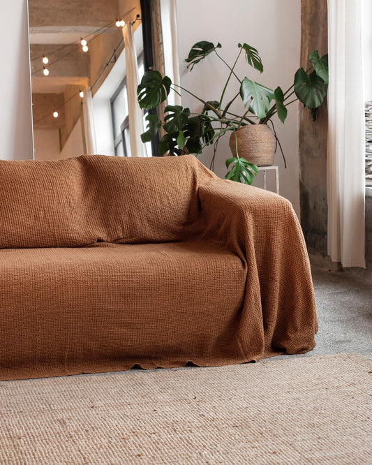 Waffle linen couch cover in Cinnamon - MagicLinen